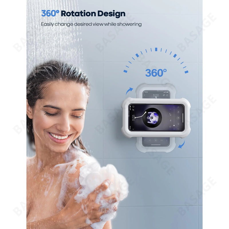 Suporte para celular à prova d'água para chuveiro com rotação de 480°, ângulo ajustável, suporte de parede para telefone para banheiro e cozinha.