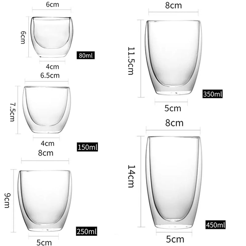 Canecas de café de vidro de parede dupla transparente borossilicato com 6 peças, conjunto de copos de camada isolada para bar, chá, leite, suco, água, café expresso com 5 tamanhos